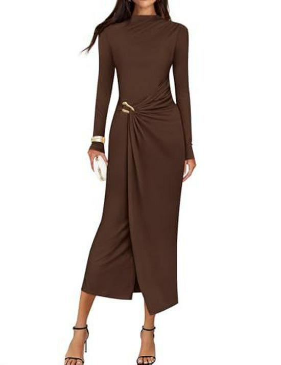 

2026 Spring Long Sleeve Half High Neck Bodycon Midi Dress for Wedding Guests and Cocktail Parties. Extra Large темно-коричневого