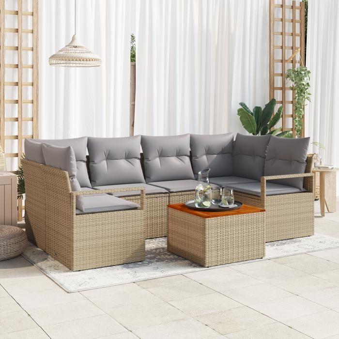 Ensemble de canapé de jardin de 7 pièces avec coussins beige poly rotin acacia, Canapé de jardin 2 places avec rangement et 3356327