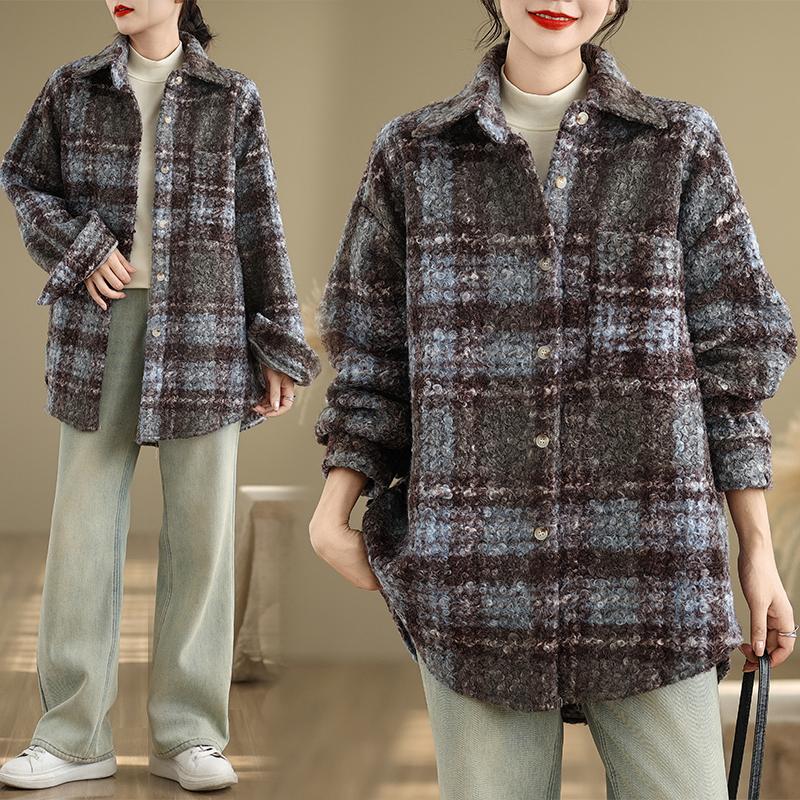 

DIMANAF 2025 Новые осенне-зимние женские пальто и куртки больших размеров, хлопковые, толстые, с длинным рукавом, свободные, повседневные, верхняя одежда, винтажная женская клетка One Size