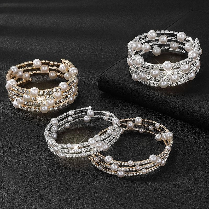 Open pearl rhinestone bracelet, multi-layer ethnic style bracelet bride elastic diamond bracelet women
