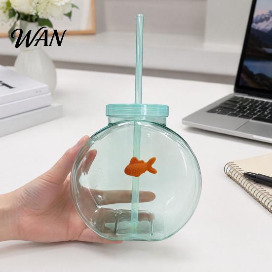Orange Fish Straw Cup Bowl Bottle with Straw, Plastic Fishbowl Tumblers Lids, Unbreakable Ornament Cups Spill Resistant for Drinks Summer Drink,