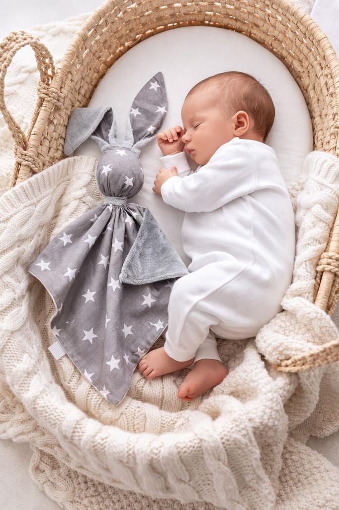 Bunny Cuddly Toy Doudou Double-Sided Cotton and Minky - Grey Stars - Grey