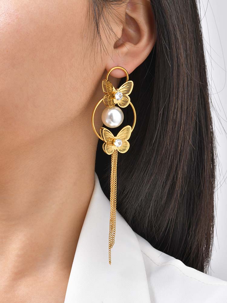 Exaggerated Vintage Gold Color Butterfly Tassel Earrings, 18K Gold Plated Stainless Steel Dangle Drop Earrings Women's Jewelry