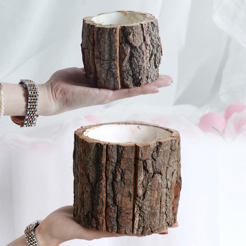 Christmas Bark Barrel Succulent Plants Flower Vase Packaging Barrel Flower Pot Dried Flower Box Xmas Decor Vintage Candle Holder