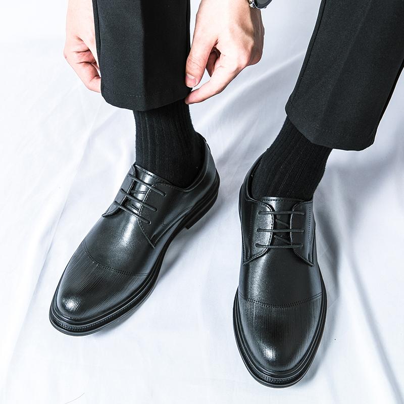 New Korean Fashion Brand Men's Pointed Block Comfortable Leather Shoes Spring Men Business Lace Up Formal Wedding Leather Shoes