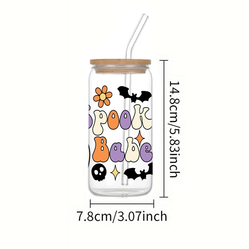 “Pooky Babe” Skull 3d Print Pattern 16oz Drinking Glass With Bamboo Lid&Straw Iced Coffee Cup Juice Bottle For Halloween Gifts