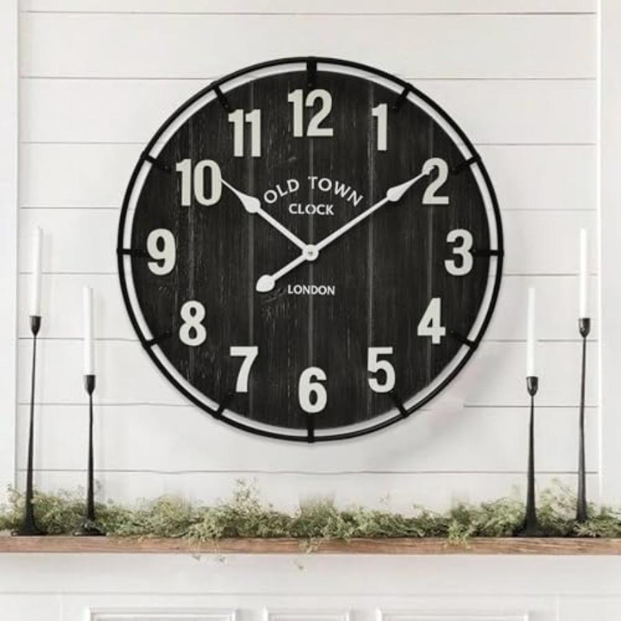 

24 Inch Black Rustic Antique Wood Wall Clock with Metal Circle and Large Numerals for Office Kitchen Bedroom Living Room Silent чорний