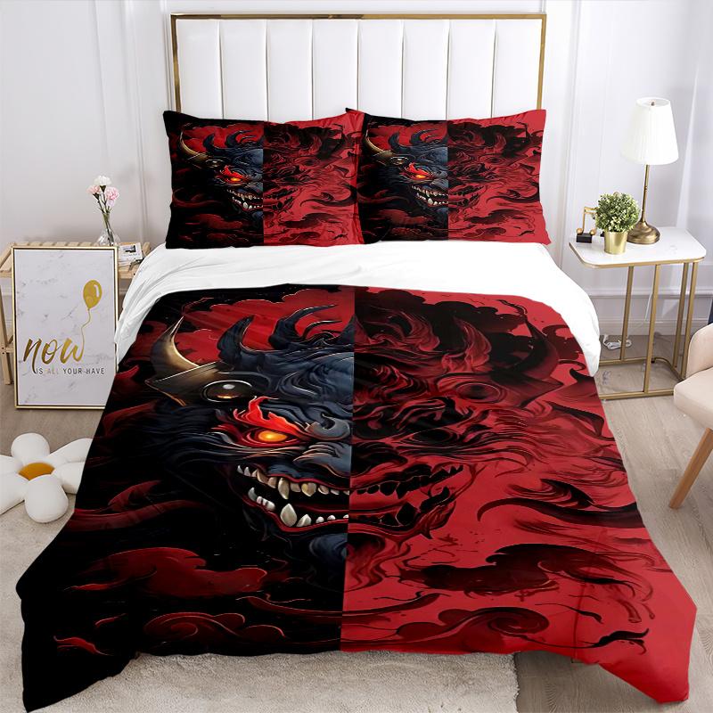 3pcs Anime Demon Mask Comforter Set with 1 Quilt Cover and 2 Pillowcases (No Core) - Home Decor, Festival Gift, Polyester Fabric, Anime Cartoon Design