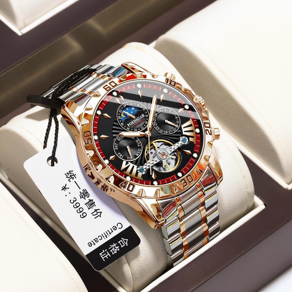 Für POEDAGAR 1410 Luxus Herren Automatik Mechanische Uhr Edelstahl Leuchtend Wasserdicht 22mm Armbandbreite Analoganzeige