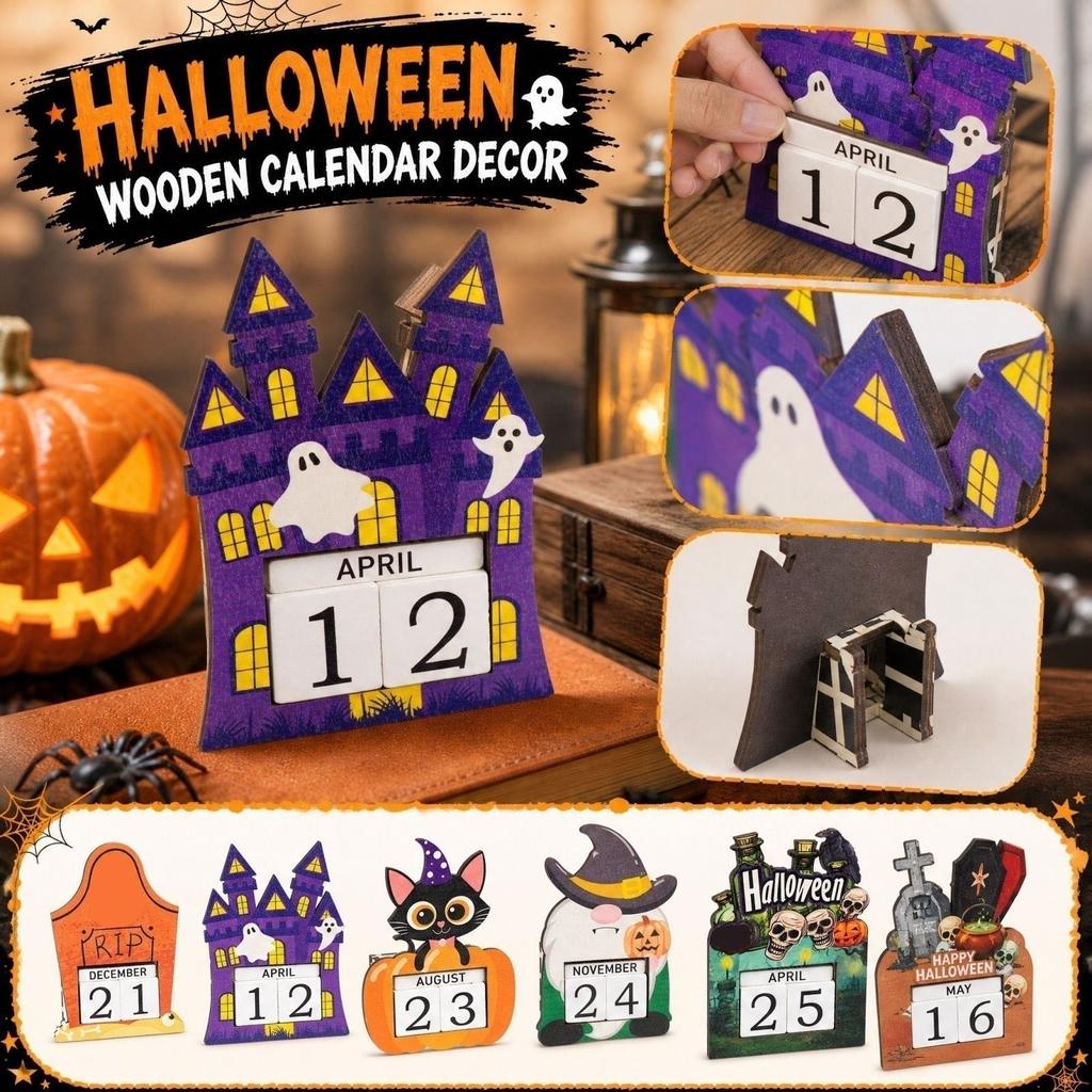 Wooden Halloween Countdown Calendar Decorative Ornament for Home Mantel Shelf