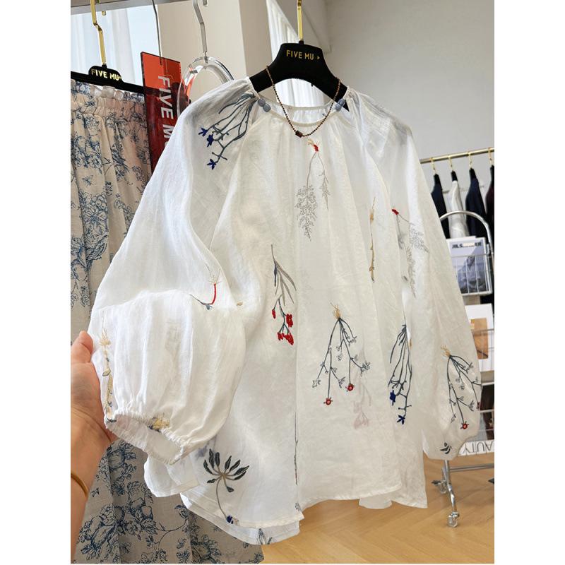 

Женский свободный льняной топ с круглым вырезом и длинным рукавом, защита от солнца, лето 2025 L белый