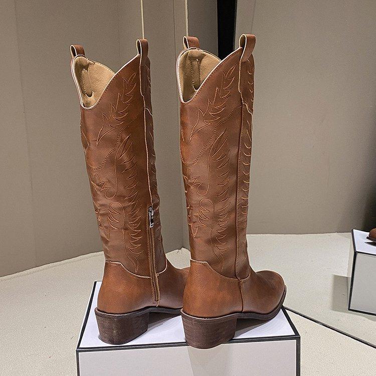Vintage Square Heel Western Cowboy Boots Women's V-Mouth Embroidered Knight Boots Side Zipper Boots