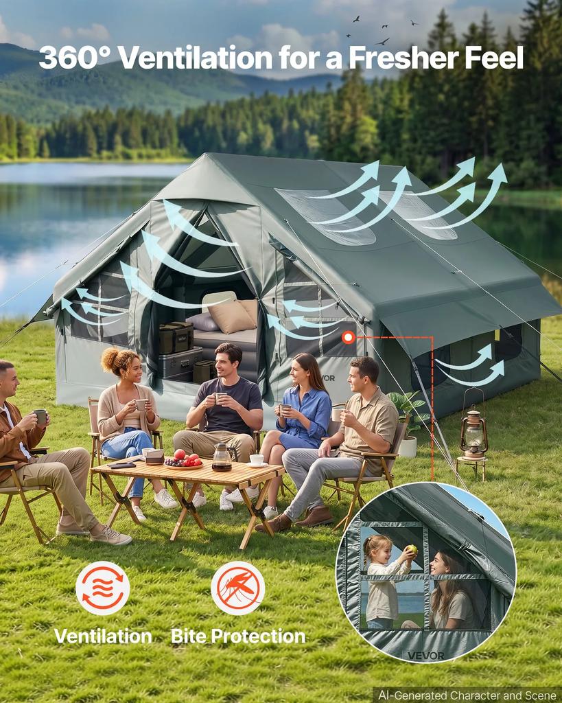VEVOR Tenda Gonfiabile per Campeggio 5-8 Persone Tenda Gonfiabile con Pompa a Mano, per Famiglia Outdoor Glamping, Impermeabile 420D Oxford