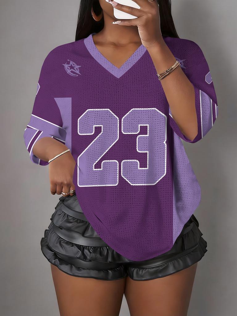 Damen NO.23 Print V-Ausschnitt Kurzarm T-Shirt Sommer Grafik T-Shirt Baseball Trikots Große Größen Sport T-Shirt
