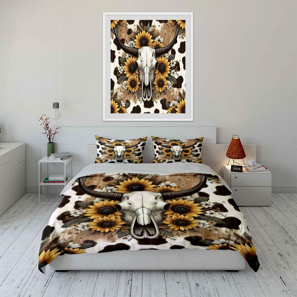 Cow Skull & Sunflower Pattern Bedding Duvet Cover Set Duvet Cover Pillowcases (1 * Duvet Cover 2 * Pillowcases, Without Duvet Insert)