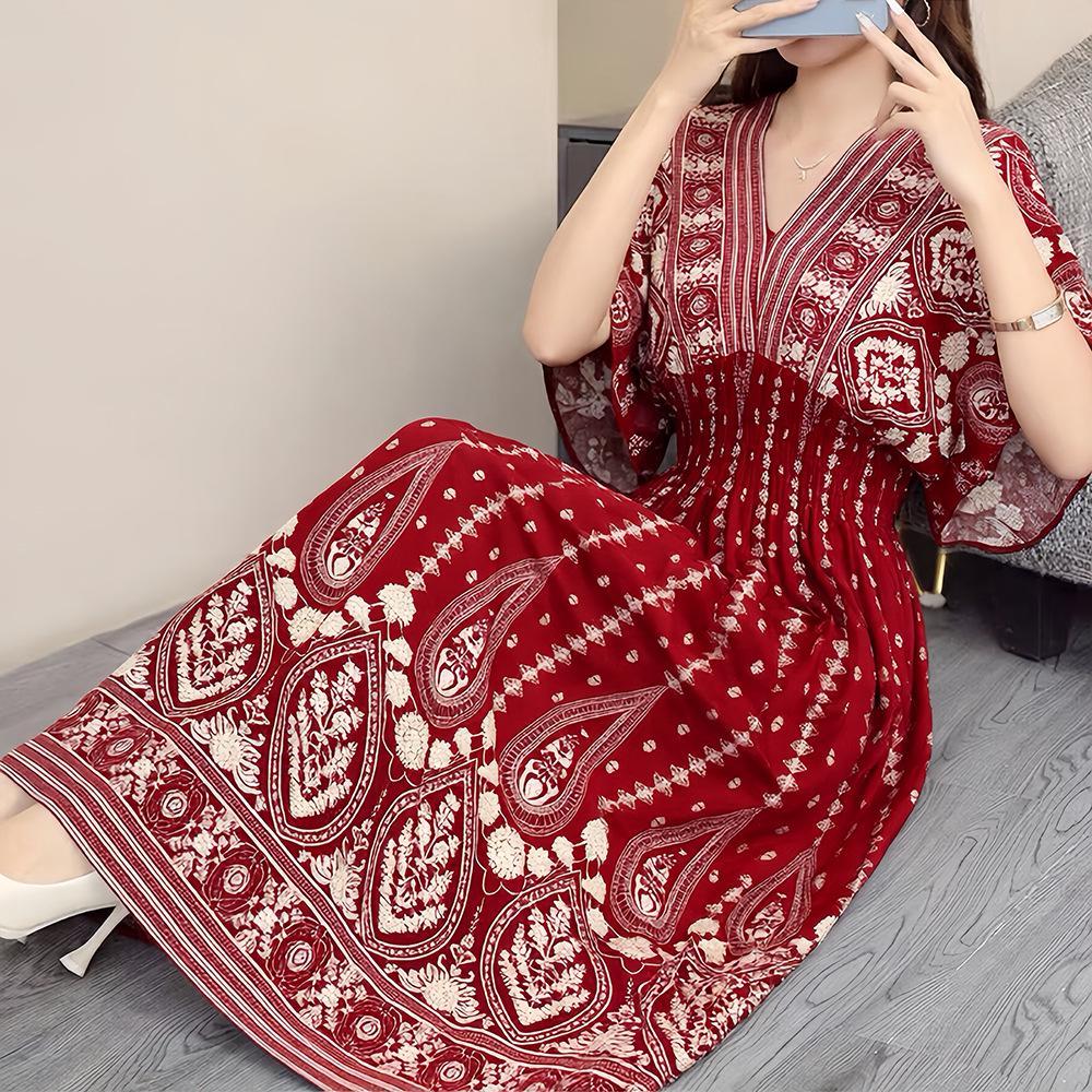 26-Year Floral V-Neck Cotton Silk Batwing Sleeve Beach Dress - Thailand Travel & Vacation Skirt Style