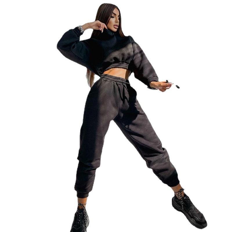 1116 Nouveau pull court à capuche pour femme, décontracté, couleur unie, à cordon de serrage, ensemble de sport