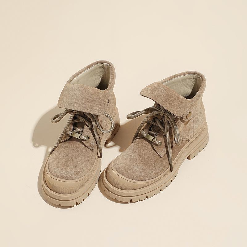 Matte Leather Retro Lace-Up Women's Round Toe Thick Sole Yellow Martin Ankle Boots