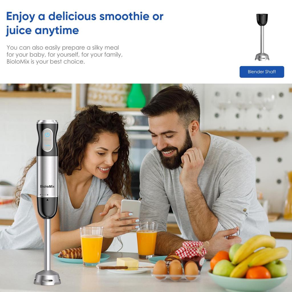 BioloMix HB‑3016 Black 1000W 3‑in‑1 Hand Blender 30‑Speed Turbo Immersion Blender