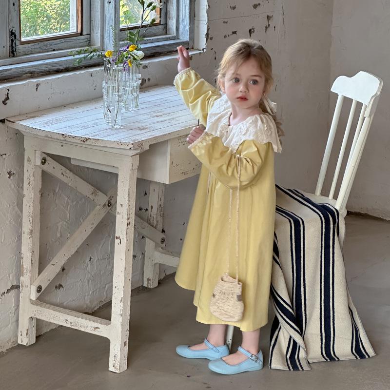 Robe de princesse à coupe ample et col en dentelle pour filles, Printemps 2025