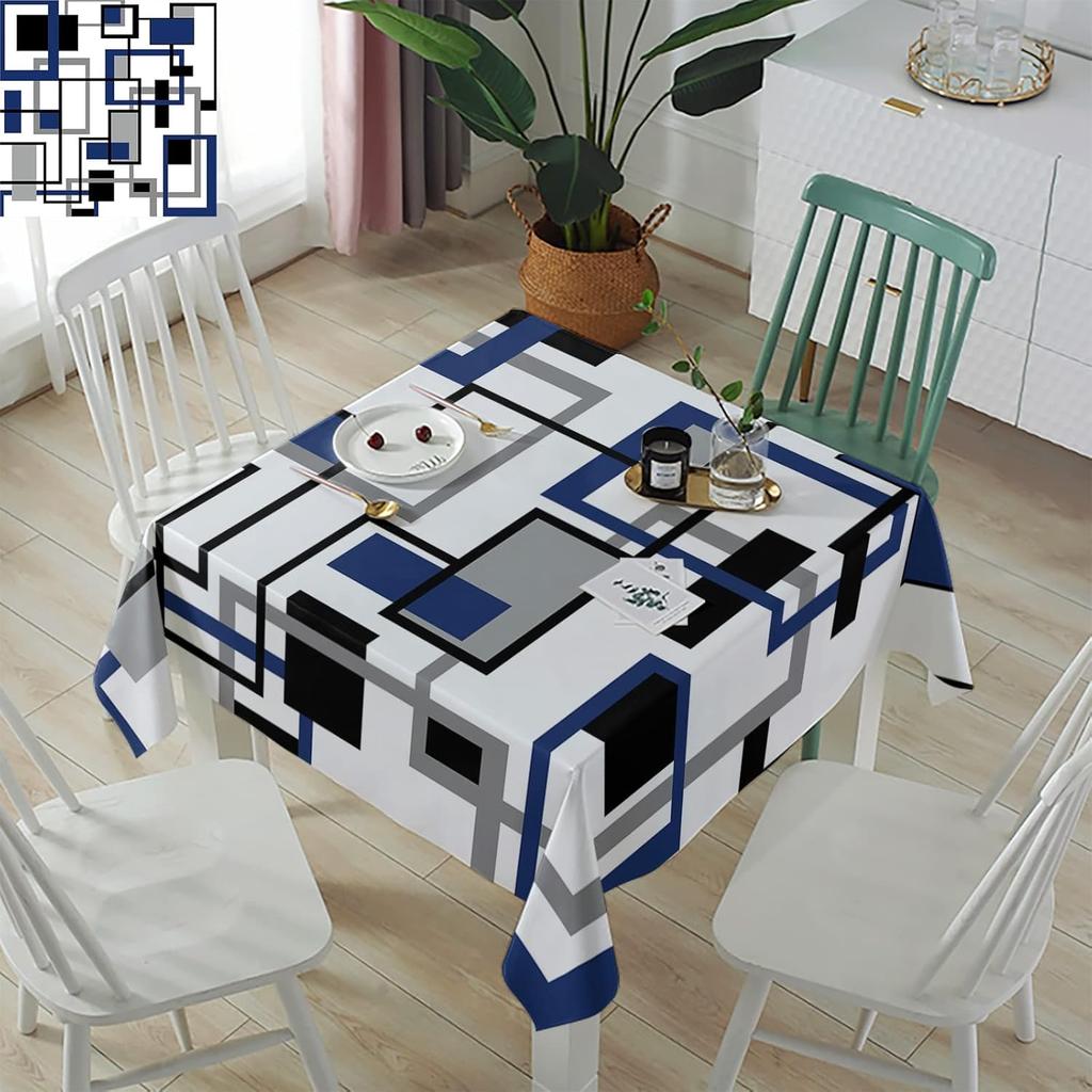 Modern Abstract Navy Blue Black Geometric Rectangle Tablecloth Reusable Kitchen Dining Party Tabletop Decor
