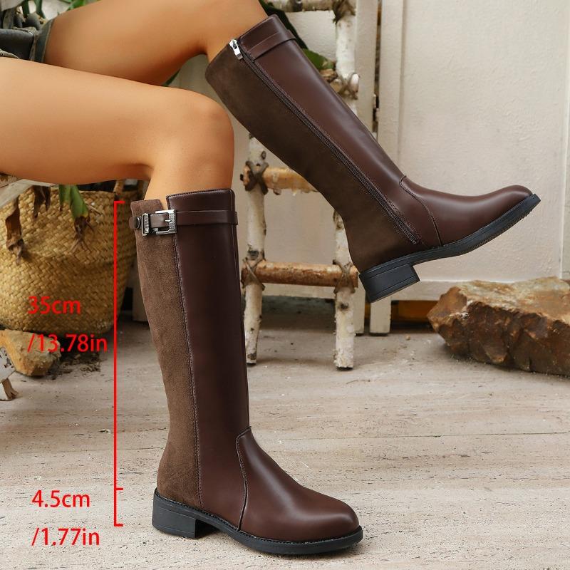 Kozaki za kolano z bocznym zamkiem, Nowe zamszowe kozaki rycerskie na niskim obcasie z klamrą na pasku, Buty damskie