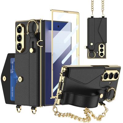 Pouzdro na mobilní telefon Samsung ZFold7 Fold6 Galvanizovaný řetízek Šňůrka Kožené pouzdro Náramek Skořepina Fólie Kapsa na karty