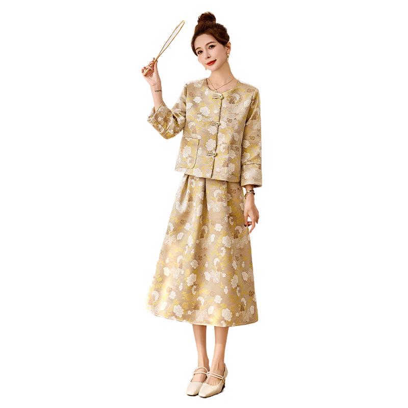 2025 Spring Chic Jacquard Frog Button Coat & Midi Skirt Set
