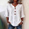Women's V Neck Three Quarter Sleeve Top Loose Fit Floral Embroidery Ruffle Cuff Casual Blouse