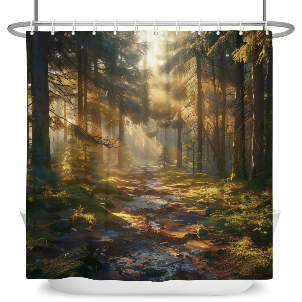 Tropical Forest Shower Curtain Natural Scenery Waterproof Trees Moss Bathroom Partition Screen Bath Curtain Polyester With Hooks