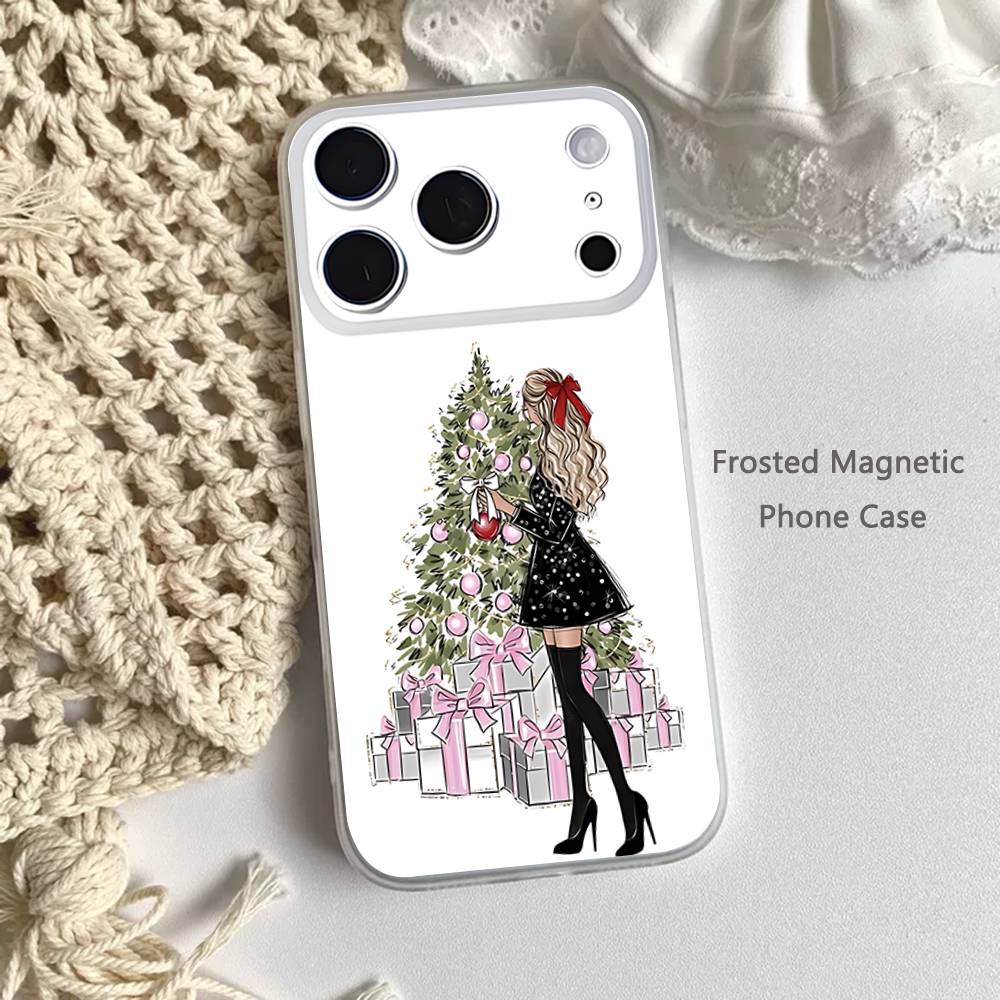 Christmas Tree Girl GiftS Frosted Clear Magnetic Case for iPhone 17,16,15,14,13,12,11 Pro,Max,Plus,Mini,Air,E