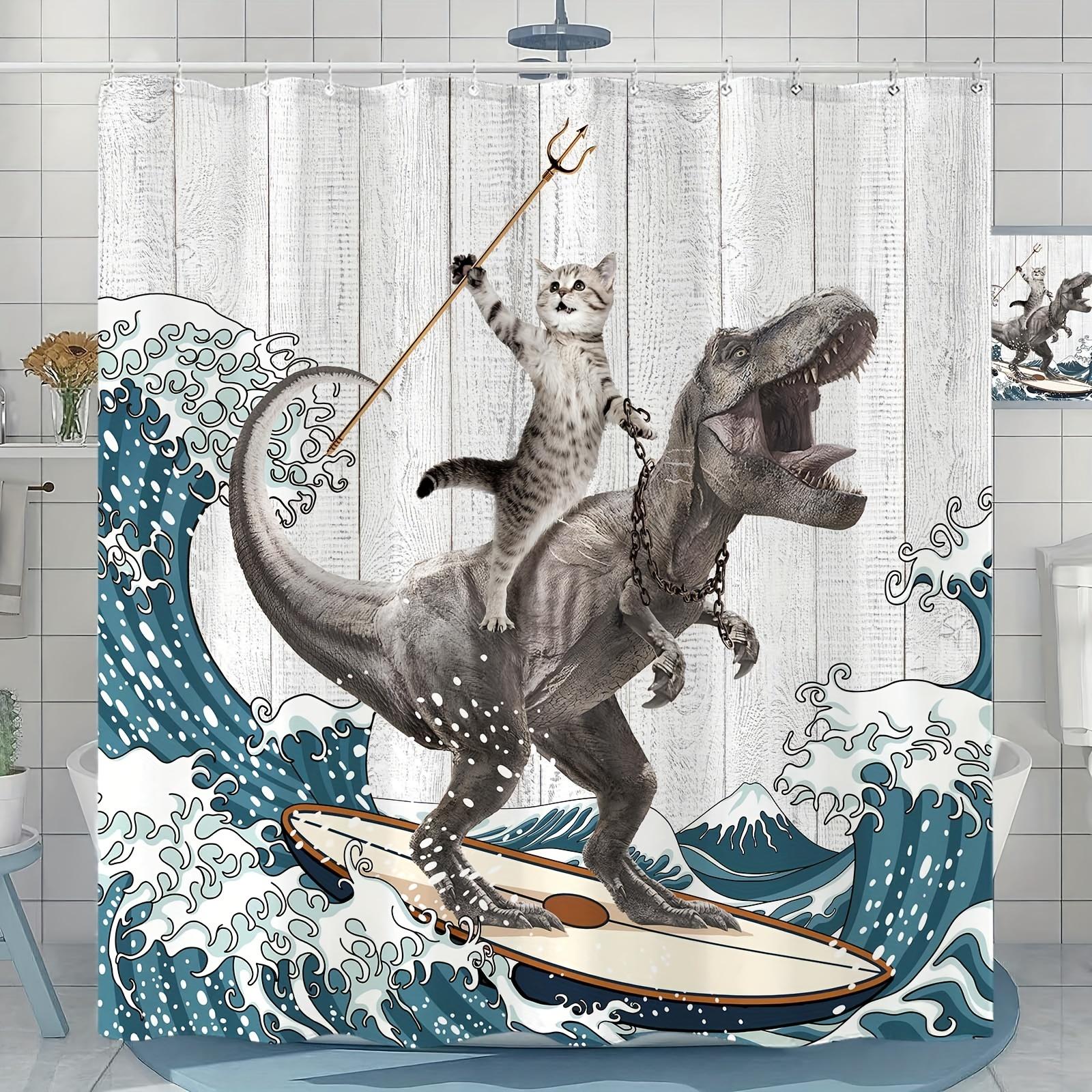 Jessica Chen Surfing Dinosaur Ocean Shower Curtain, Fun Cat Shower Curtain, Wave Bathroom Shower Curtain Set, Bathroom