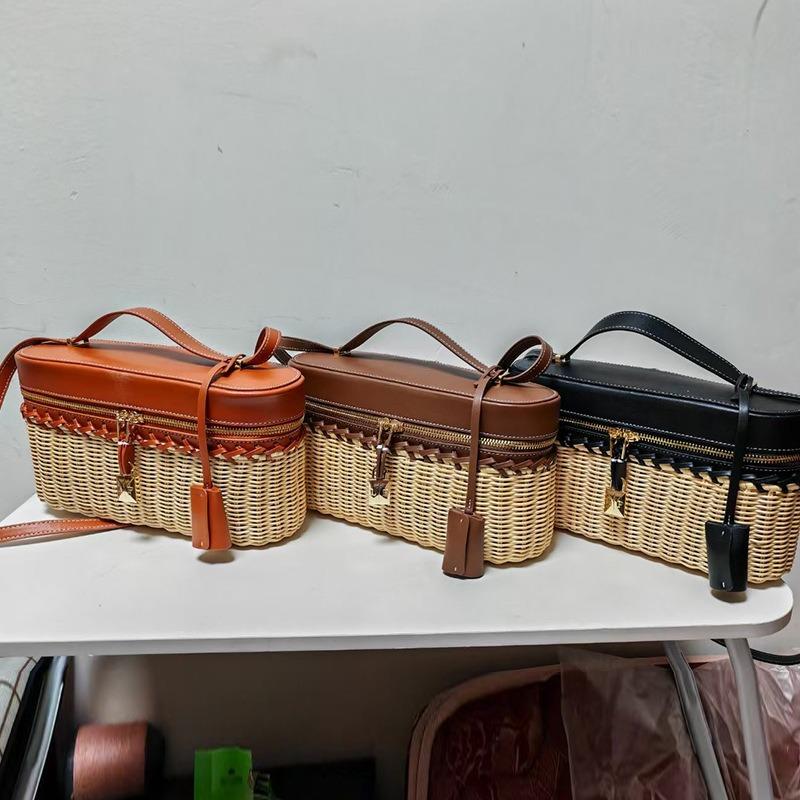 New Woven Retro Rattan Woven Leather, Lunch Box Bag, Picnic Bag, Shoulder Portable Messenger Bag, Cosmetic Bag.