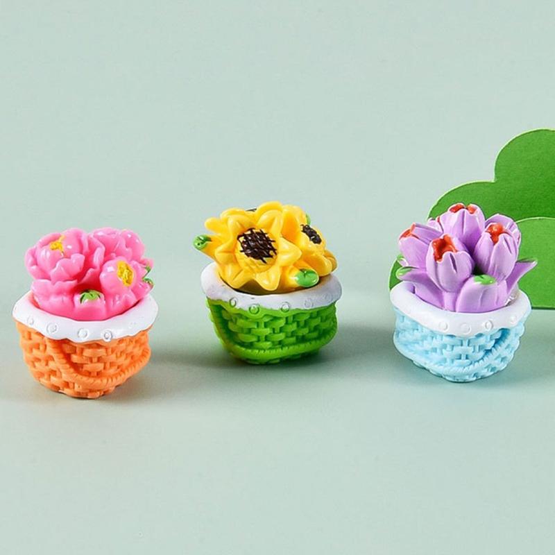 Mini Flower Basket Ornament Flowerpot Potted Plant Bonsai Micro Landscape Dollhouse Miniature Toy Car Decoration