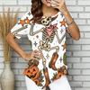 Womens Plus Size Short Sleeve Top Western Cowboy Skeleton Pumpkin Floral Print Irregular Pointed Hem Casual Blouse