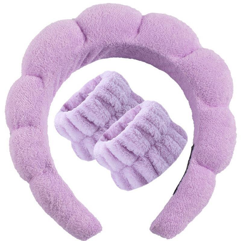 Juego de 3 Piezas de Diadema Facial y Muñequeras, Diadema de Spa, Diadema para Maquillaje, Diadema Facial, Diadema para Cuidado de la Piel, Diadema Esponjosa Rosa de Terciopelo púrpura
