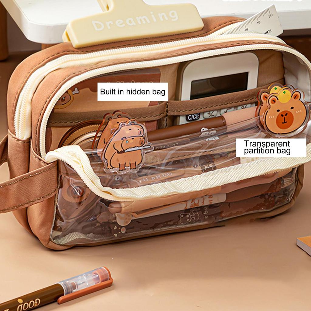 Pencil Case with Compartments Pencil Pouch Clear Pen Bag with Sticker Pendant for Office School