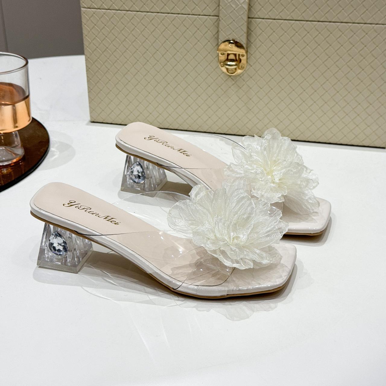 

Новые шлепанцы на высоком каблуке в китайском стиле женская обувь 2025 лето новая модная обувь шлепанцы-сандалии с цветком и жемчугом 35 бежевый