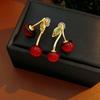 Artificial Cherry Resin Stud Earrings for Women Sweet Inlaid Zircon Leaf Fruit Shaped Ear Studs Romantic Dating Jewelry K