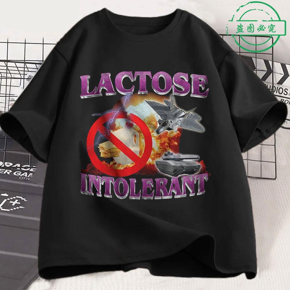T-shirt Chat Drôle Intolérant au Lactose Unisexe Femme Mode Rétro Manches Courtes Coton Décontracté Confortable Oversize