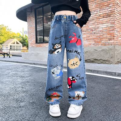 Spring Fashion Children Cute Wide Leg Pants Teenage Girls Blue Street Cartoon Print Elastic Mid Waist Loose Denim Jeans