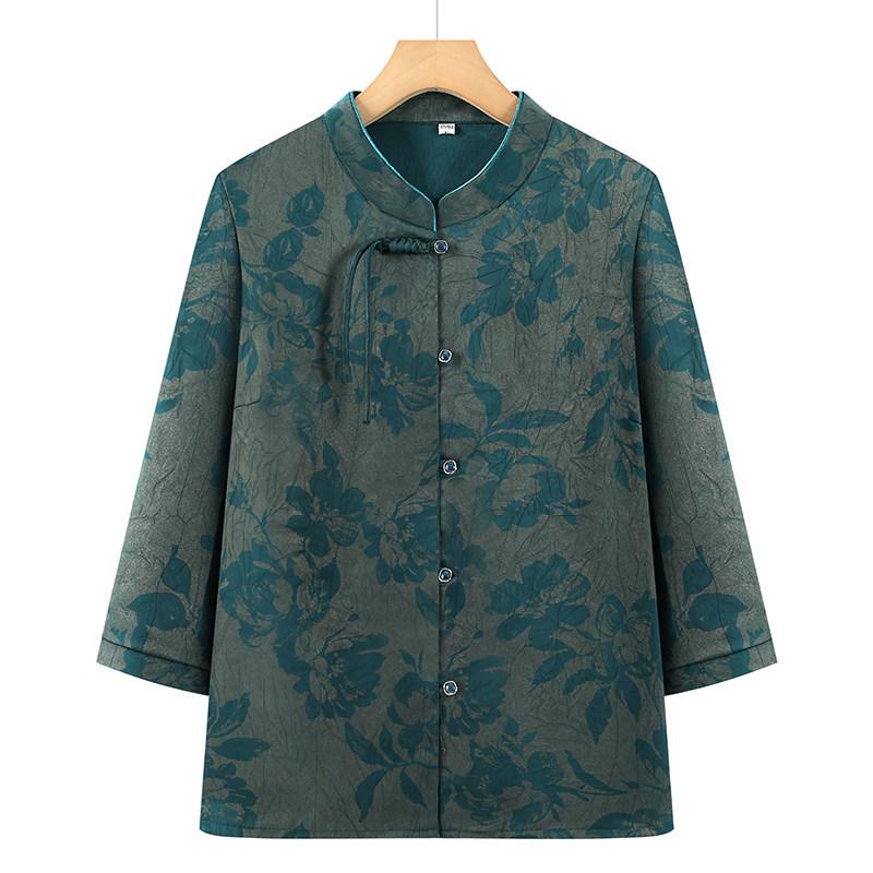 Fat Mom Spring/Summer Chinese-Style Noble Shirt: Loose Mid-Sleeve Top for Middle-Aged & Elderly Women
