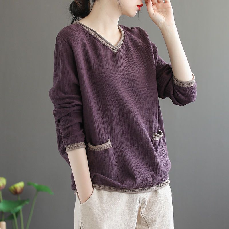 

Художня одноколірна футболка з V-подібним вирізом у стилі ретро, ​​корейська вільна жіноча сорочка з довгими рукавами, весна та осінь 3XL фіолетовий