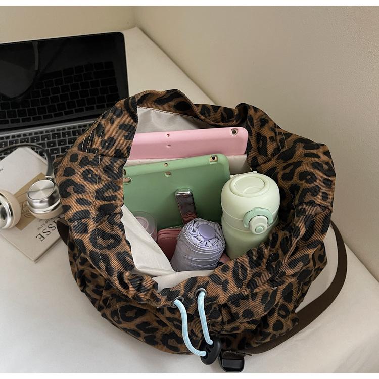 Schoolbag Drawstring College Student Schoolbag Trendy Cool Leopard Print Canvas Backpack Women's Autumn and Winter New Casual Large-capacity Travel