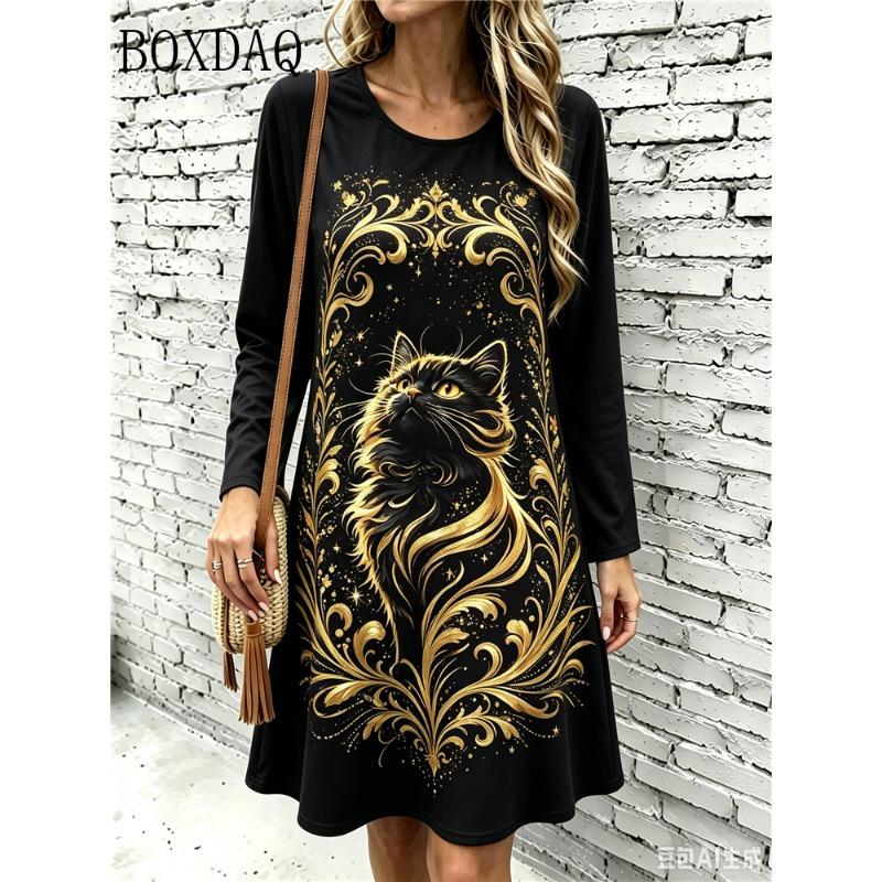 New Fashion Cute Cat Pattern Women Dresses Autumn Long Sleeve Street Ladies Dress Casual Loose Home A-Line Dress
