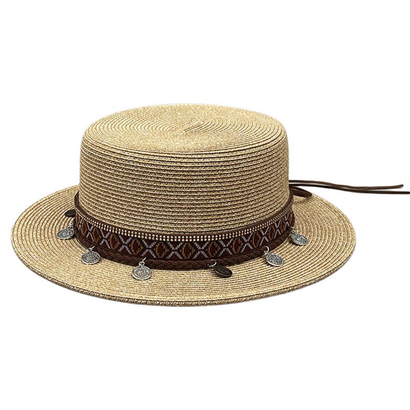 Ethnic Style Short Brim Flat Top Straw Hat Women'S Summer Travel Vacation Bohemian Flat Edge Visor Top Hat