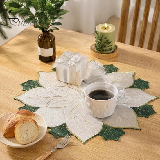 Christmas Table Placemats for Dining Floral Leaf Placemat Table, Decorative Polyester Fabric Round Mats Home with Festive Leaves Design Party