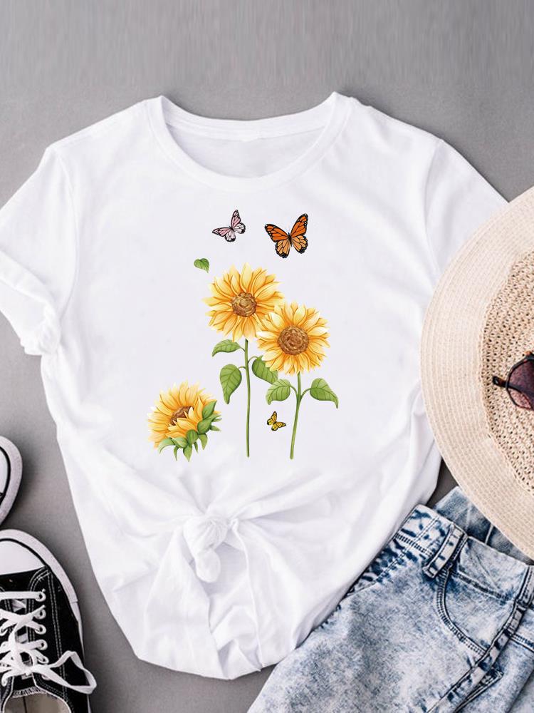 (Asian Size) Watercolor Butterfly Trend Print Casual Top O-neck Short Sleeve T-shirts T Graphic Tee Fashion Female Women's Clothing