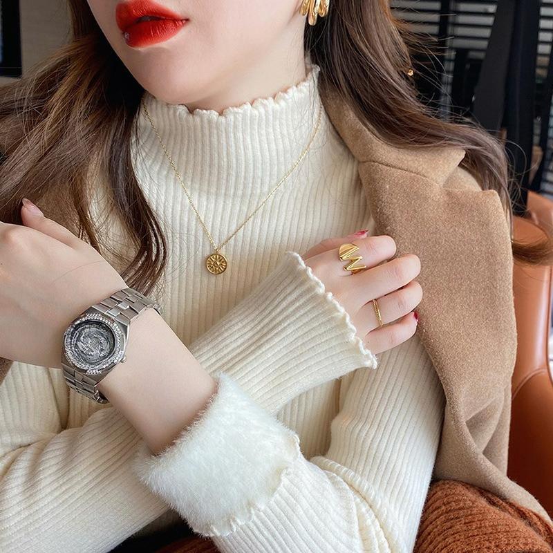 In Autumn and Winter, Wear A Solid Color Plus Velvet Half Turtleneck Sweater, Women's Gentle Wind, Warm One-piece Velvet Bottoming Shirt