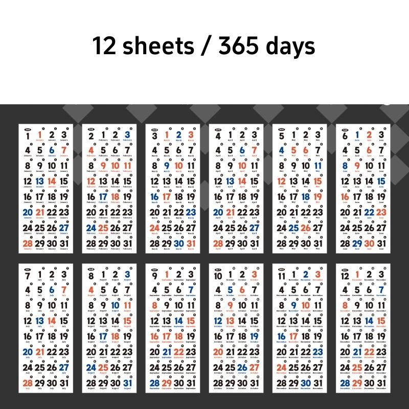 12 Sheets Date Note 365 Days Stickers Pack Self-adhesive Color Marker Paste Decoration for Diary Album A7743